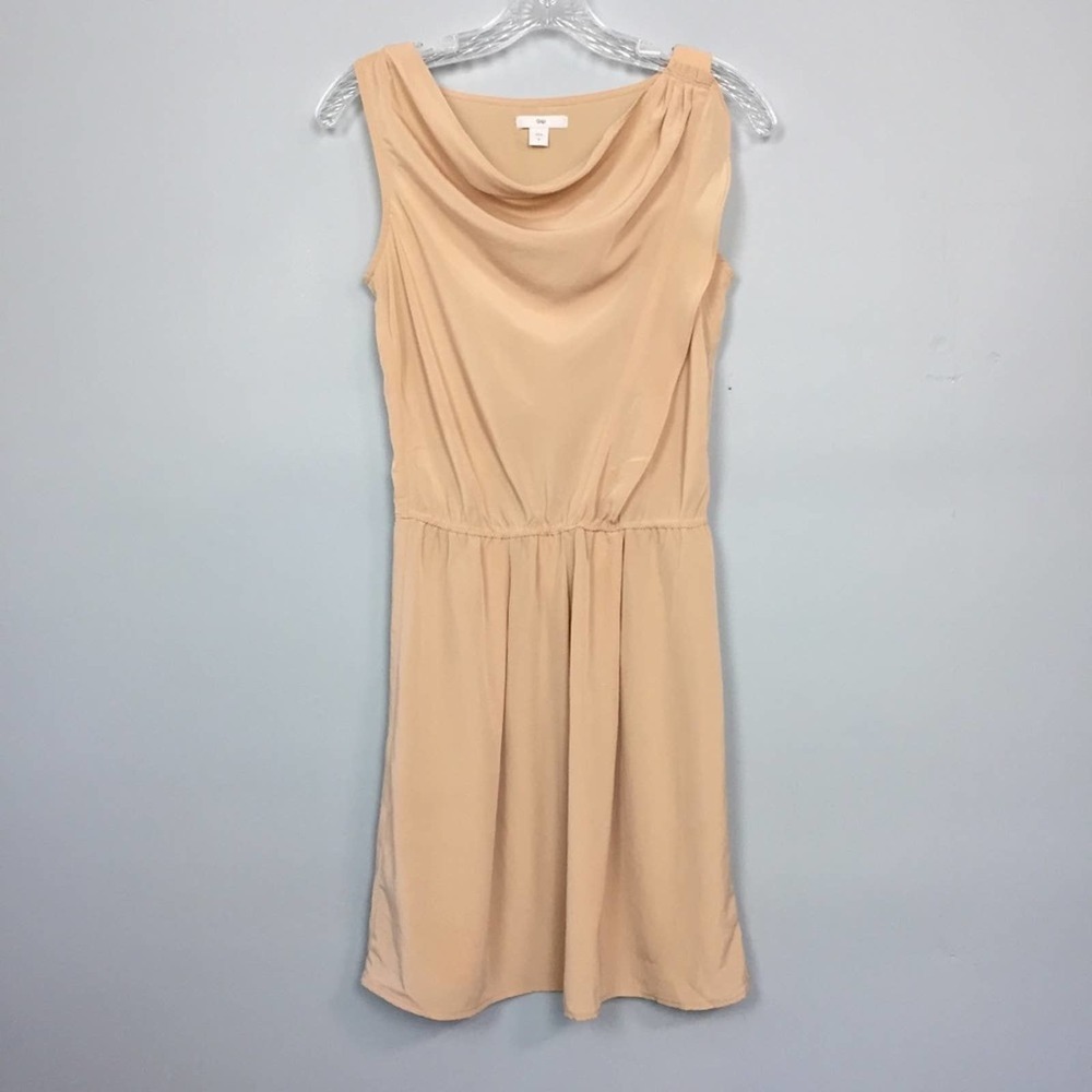 Gap Sleeveless Drape Neck Elastic Waist Ruffle Satin Dress Women’s Size 0 Beige